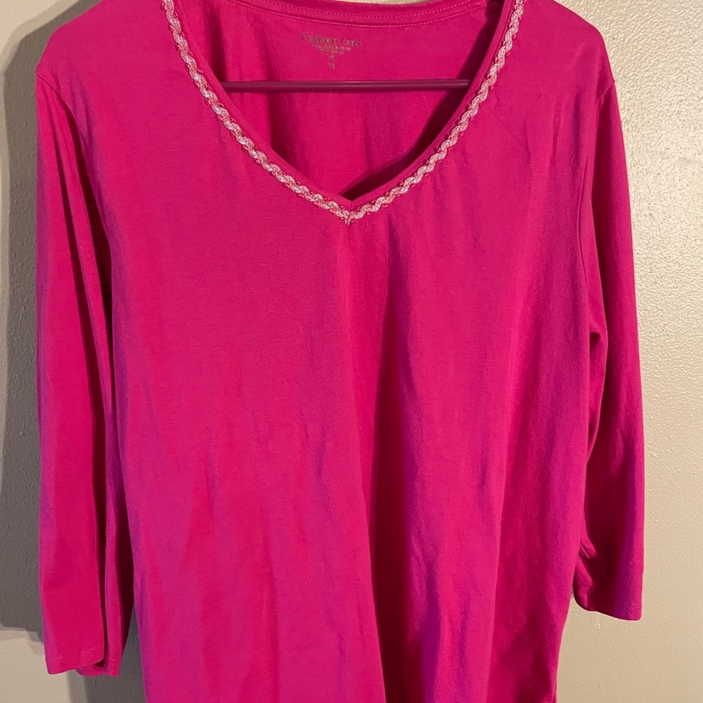 Pink 3/4 sleeve top with silver ribbon trim